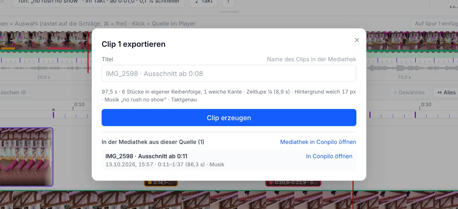 Das Export-Blatt in Show: Titel, Zusammenfassung des Clips mit Zeitlupe, Hintergrund weich und Musik, darunter der Knopf „Clip erzeugen“