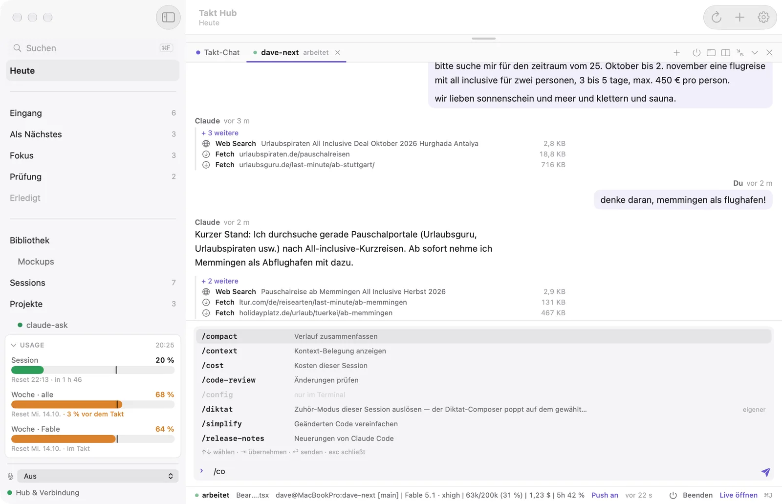 Takt Hub: Chat einer Session mit Werkzeug-Blöcken und der geöffneten Liste der Slash-Befehle