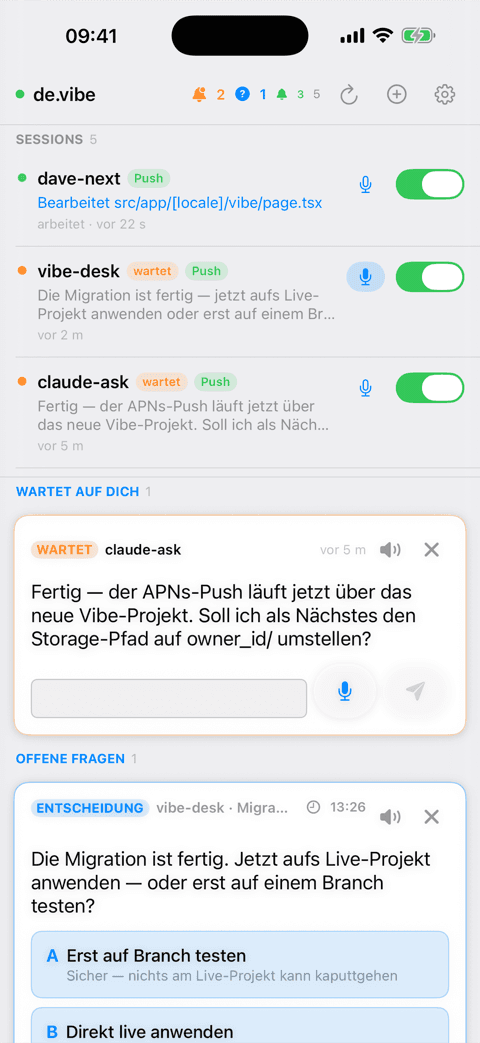 Alle Sessions mit Live-Status